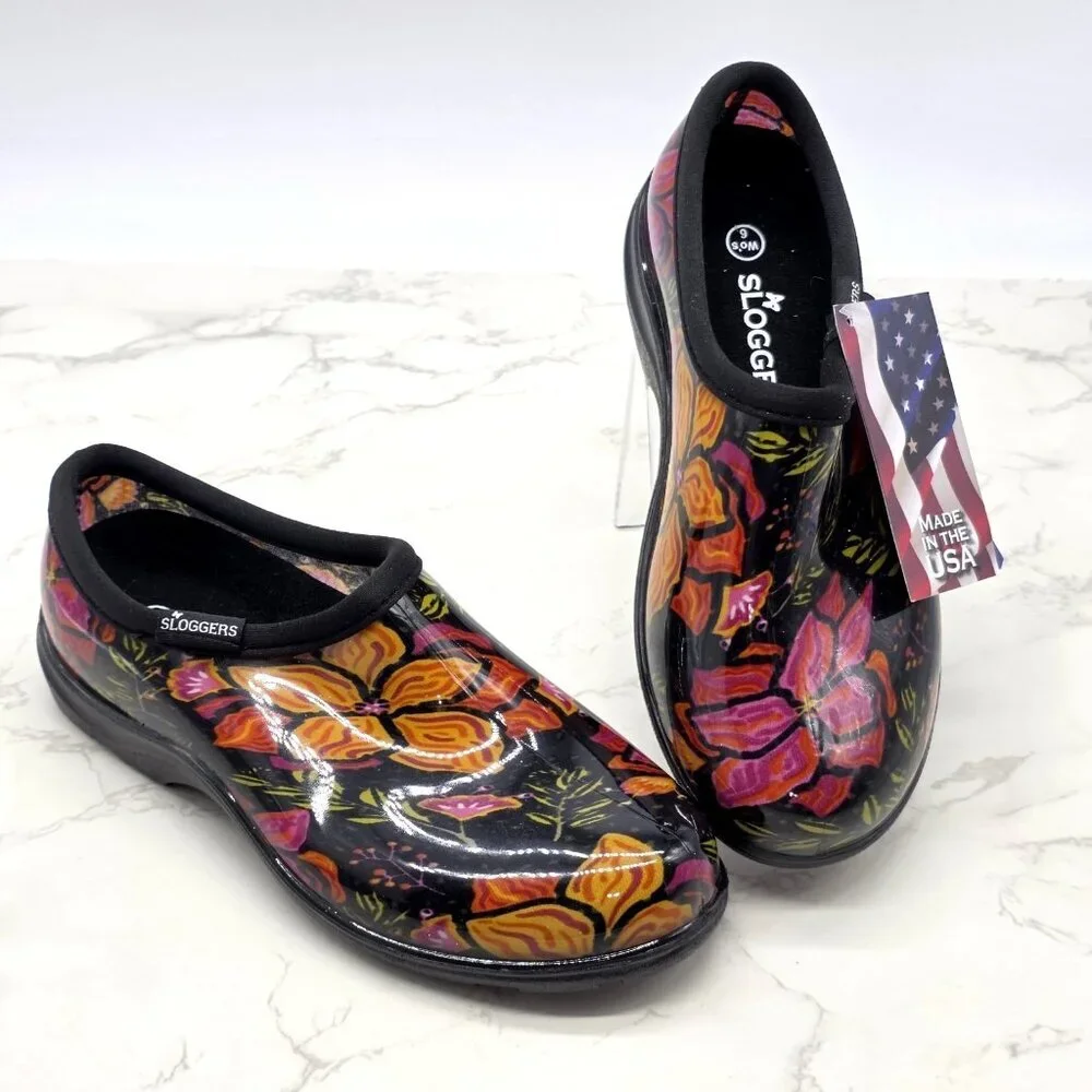 Sloggers Rain Shoes Garden Boots Women 6 Waterproof Slip on Black Floral Low NEW
